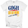 White t-shirt with distressed text "GOGH OR GO HOME" and a paintbrush.