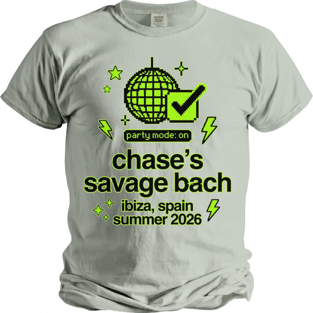 Light grey t-shirt with neon green graphics: disco ball, checkmark, lightning, stars, and text.