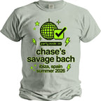Light grey t-shirt with neon green graphics: disco ball, checkmark, lightning, stars, and text.
