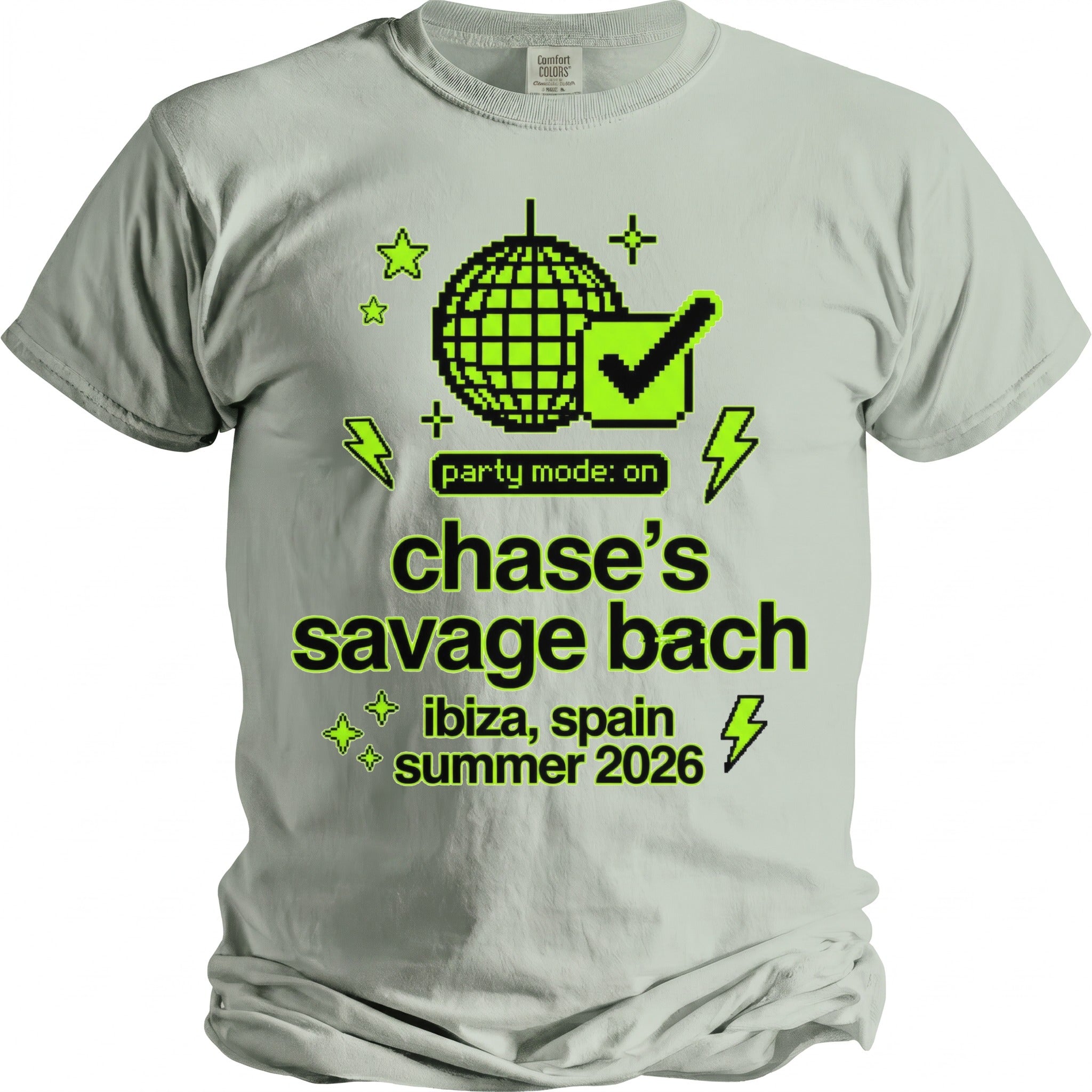 Light grey t-shirt with neon green graphics: disco ball, checkmark, lightning, stars, and text.