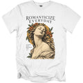 White t-shirt with "ROMANTICIZE EVERYDAY" and a statue of a woman with flowers.