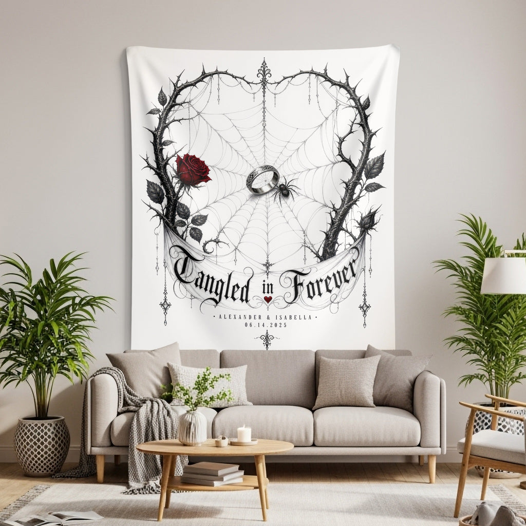 Tapestry with "Tangled in Forever" text featuring thorny branches, spider web, rose, ring, and spider.