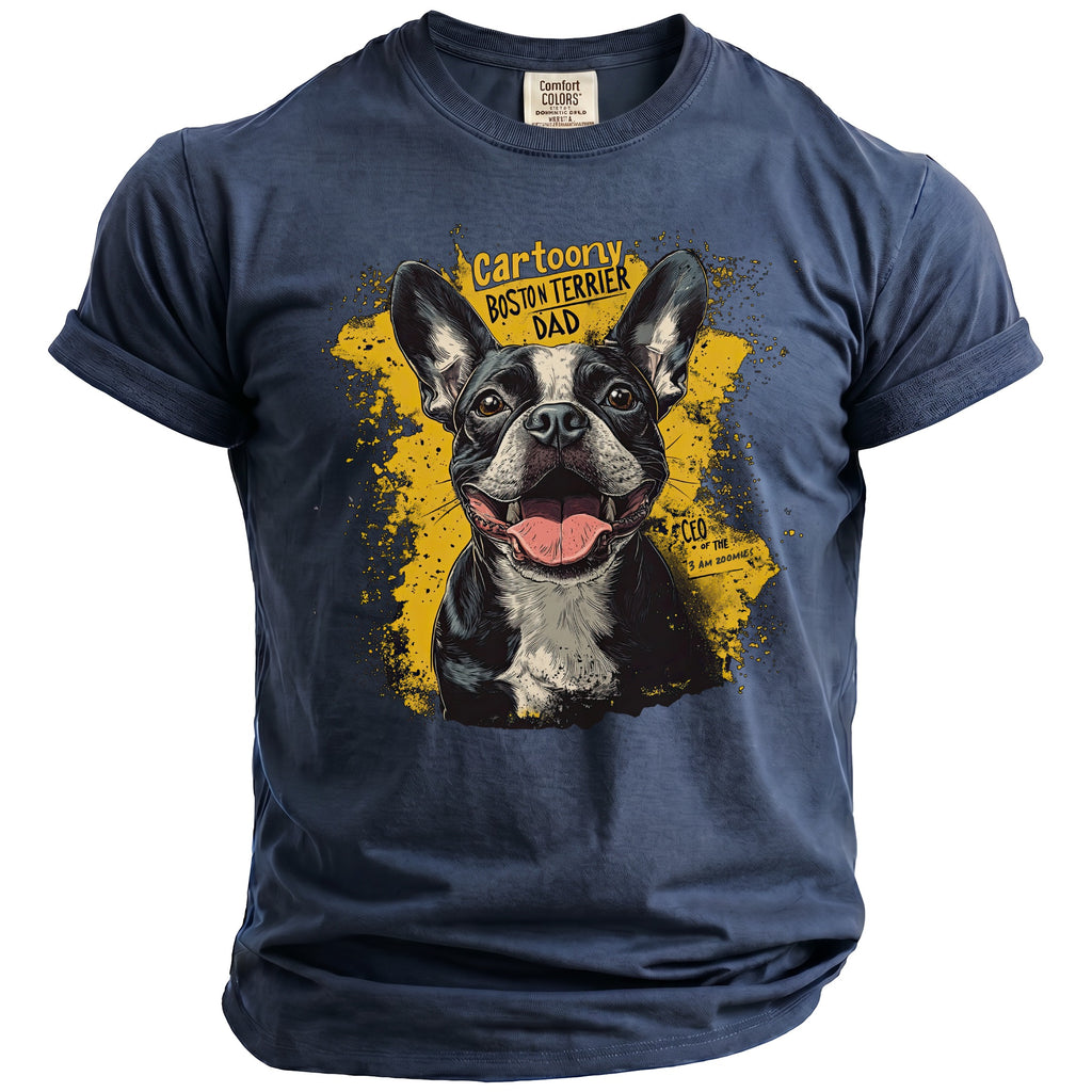 Navy t-shirt with a cartoon Boston Terrier and text "Cartoony Boston Terrier Dad".