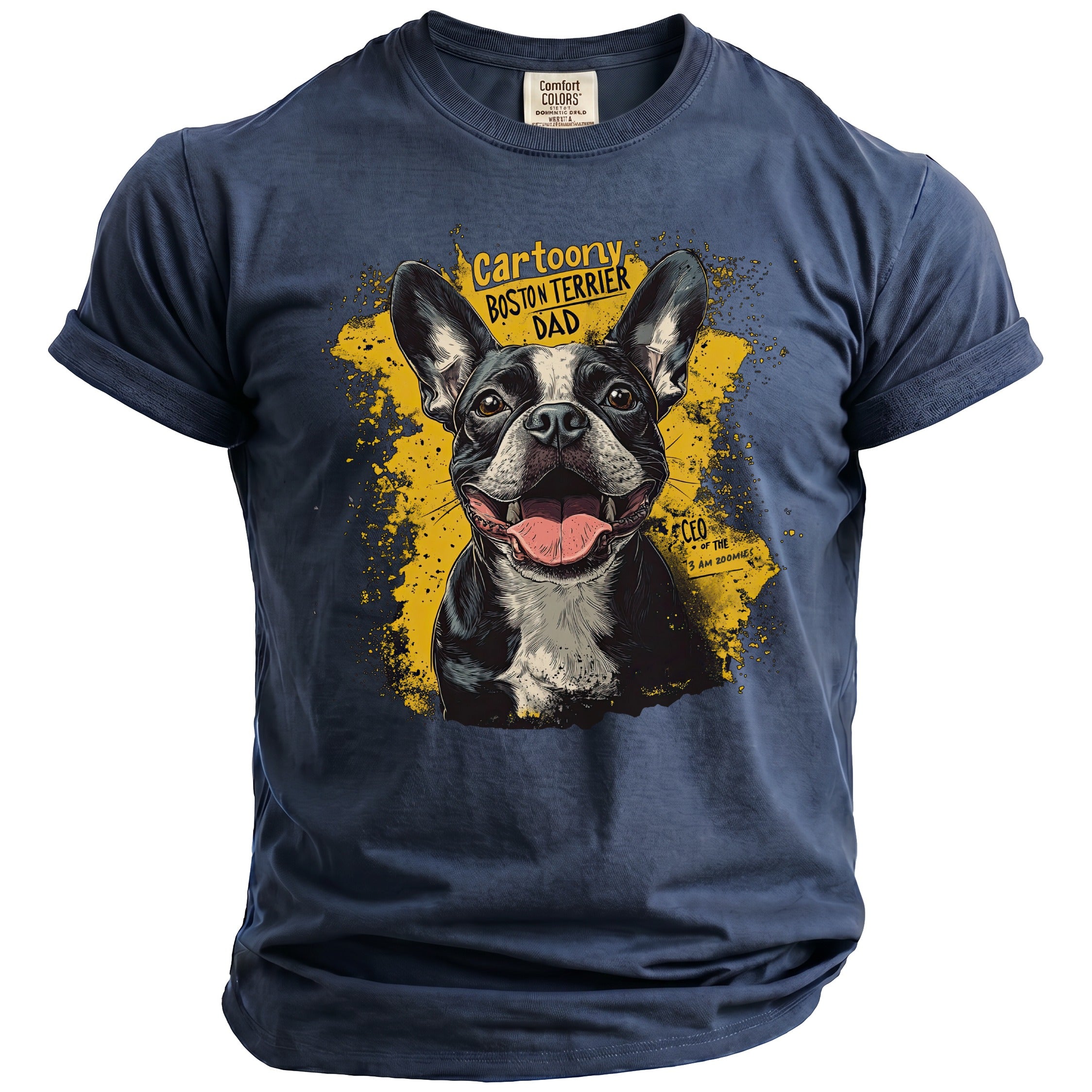 Navy t-shirt with a cartoon Boston Terrier and text "Cartoony Boston Terrier Dad".