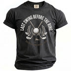 Dark gray t-shirt with golf graphic and text "Last Swing Before the Ring Bachelor Weekend 2026".