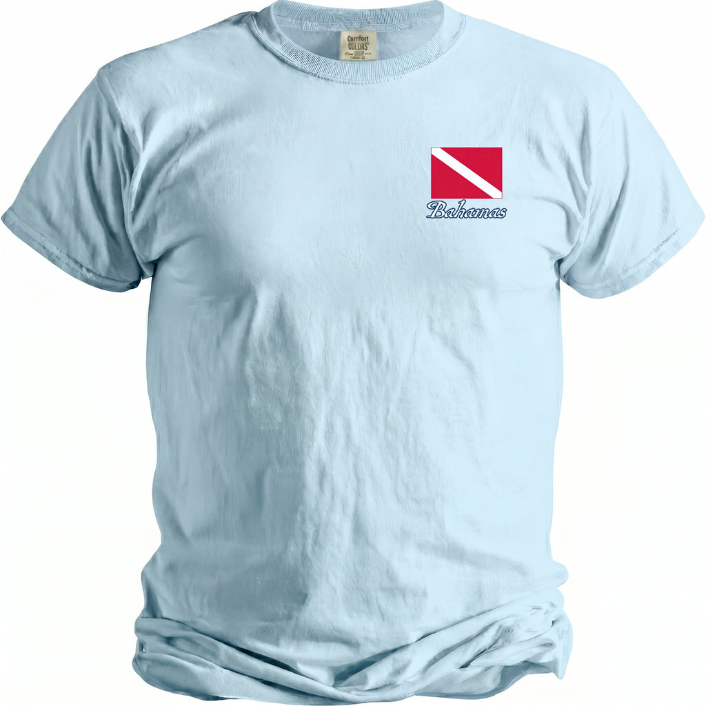 Light blue t-shirt with a dive flag and "Bahamas" printed on the left chest.