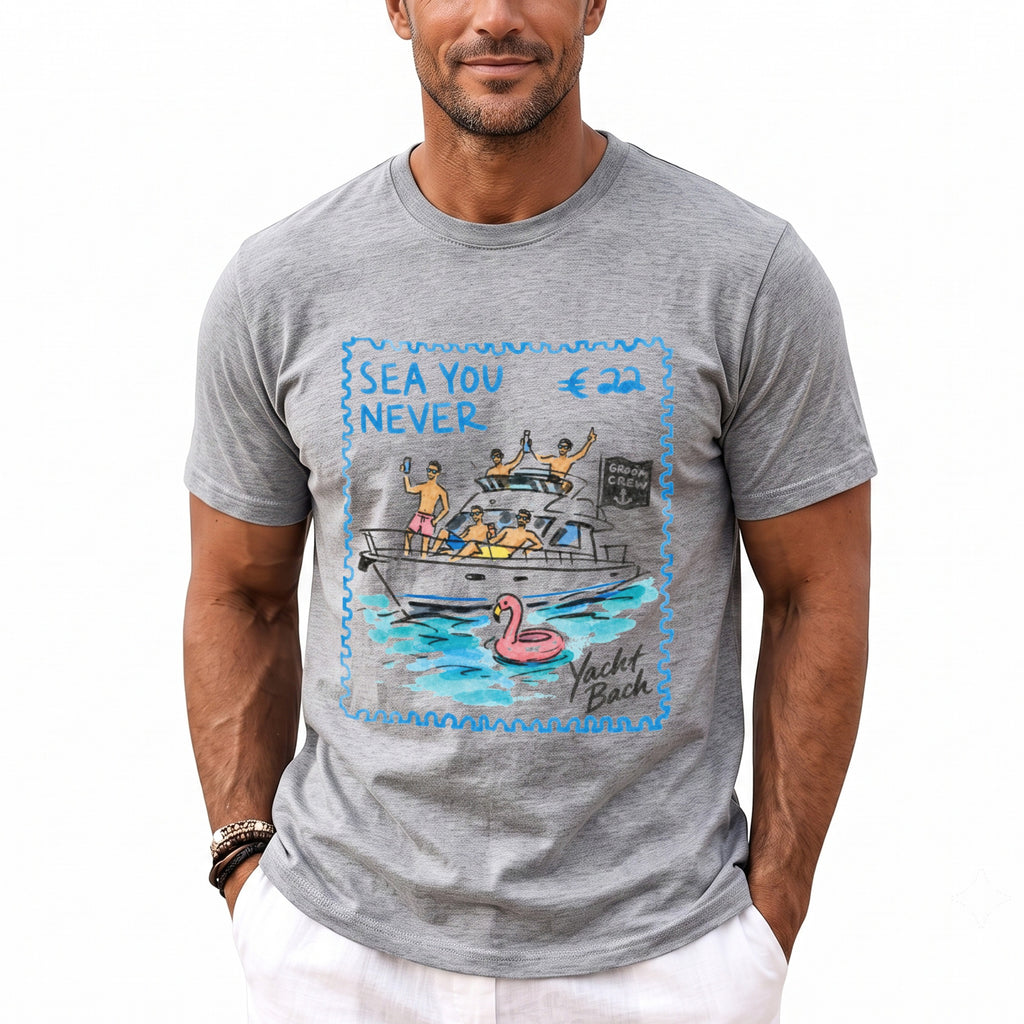 Grey t-shirt with a graphic of a yacht, people, and the text "SEA YOU NEVER".