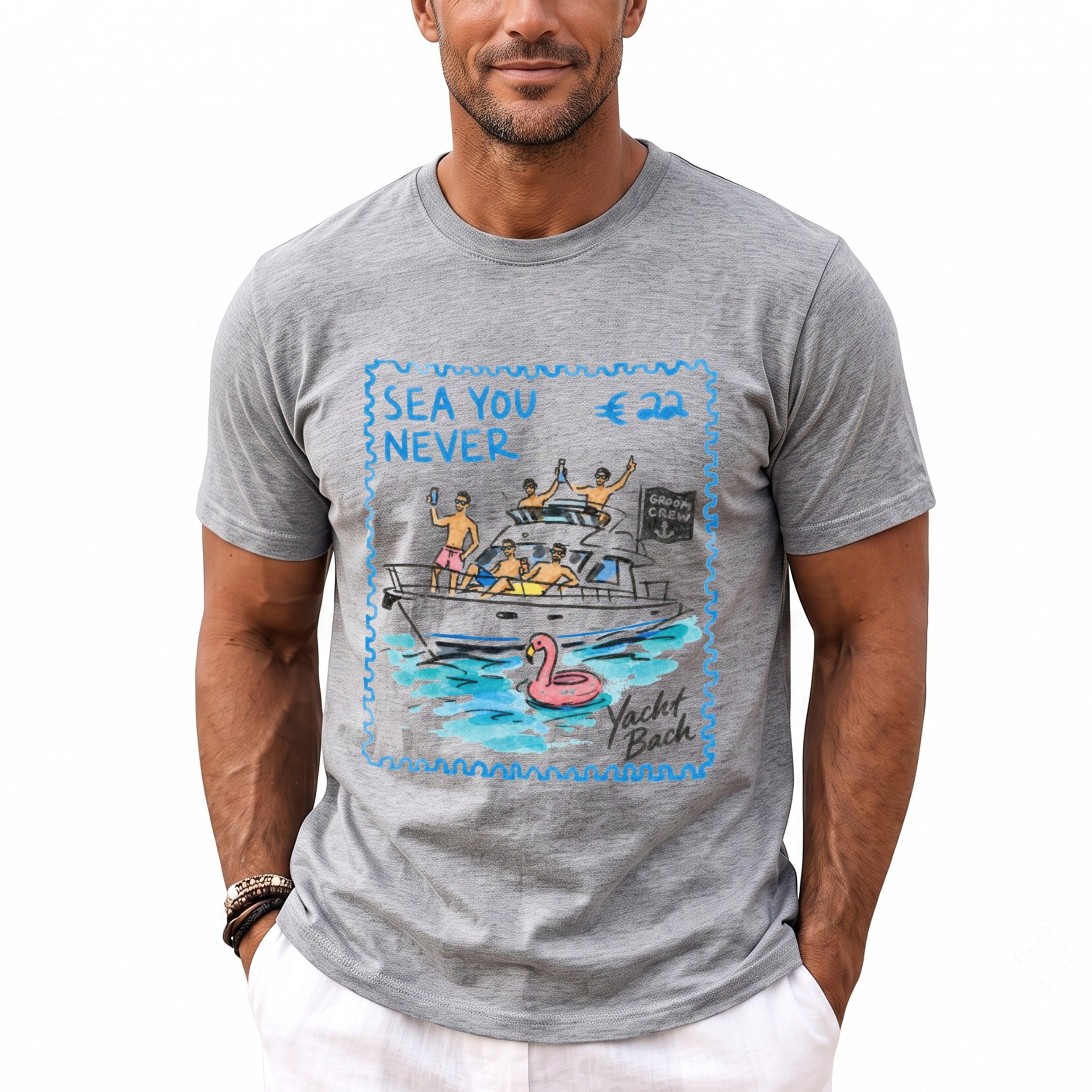 Grey t-shirt with a graphic of a yacht, people, and the text "SEA YOU NEVER".