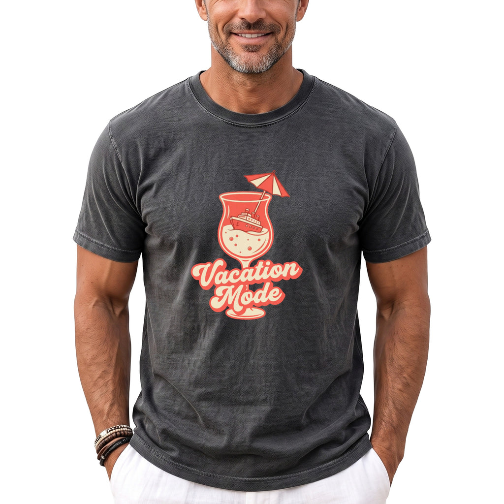Dark gray t-shirt with "Vacation Mode" text and a cocktail graphic.