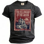 Dark t-shirt with vintage graphic: "The Fellowship of the Groom" castle scene.