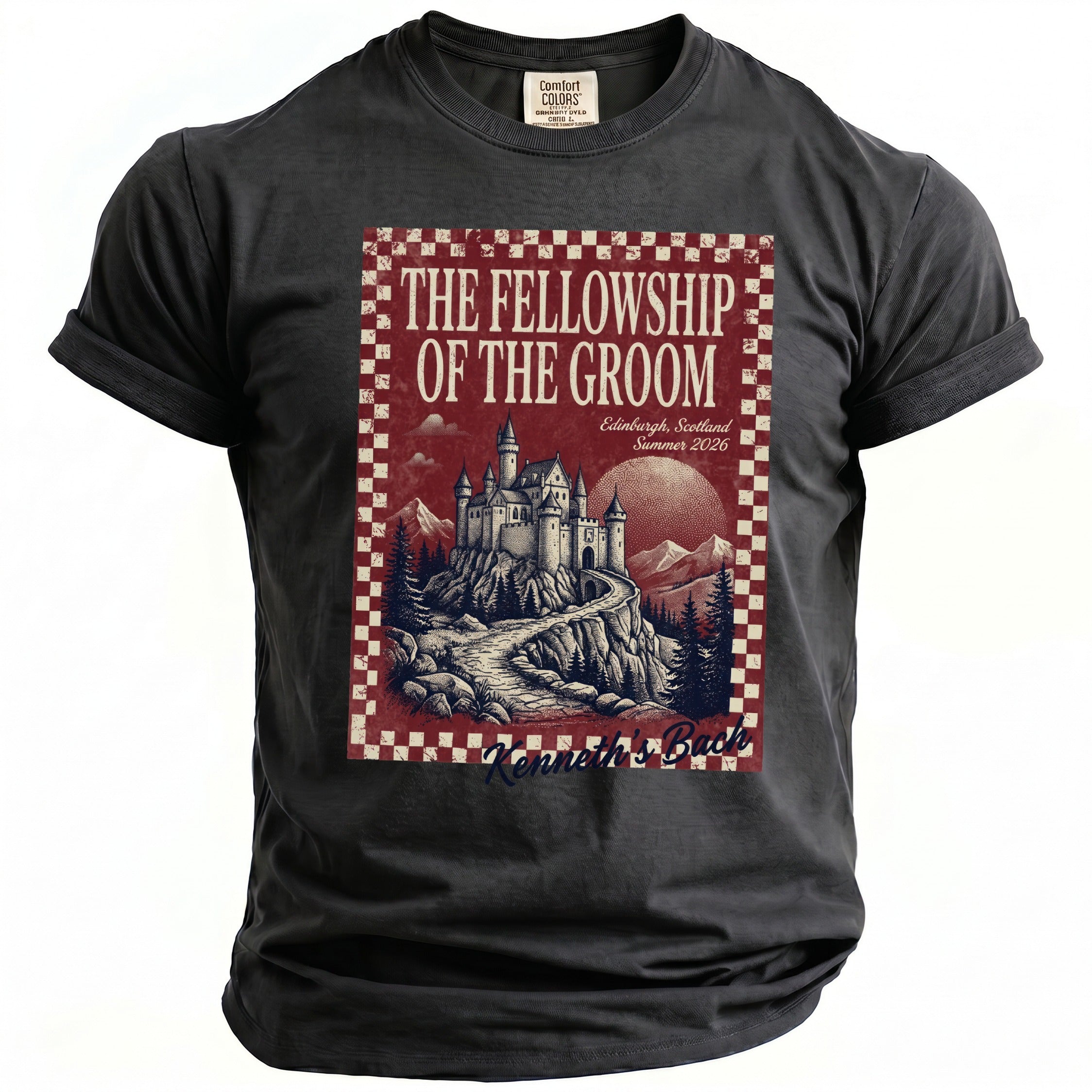 Dark t-shirt with vintage graphic: "The Fellowship of the Groom" castle scene.