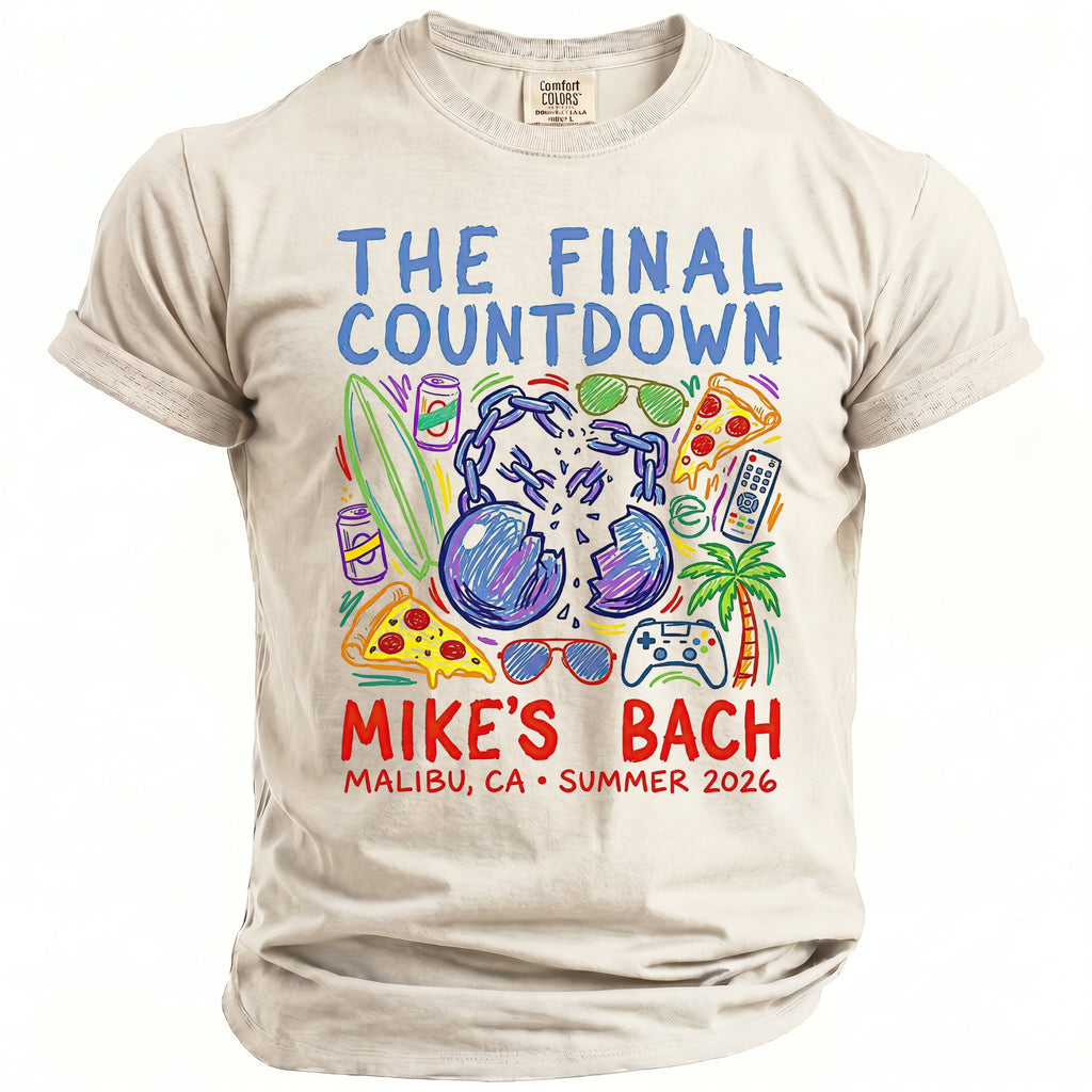 T-shirt with "The Final Countdown" and "Mike's Bach" graphics for Malibu, CA Summer 2026.