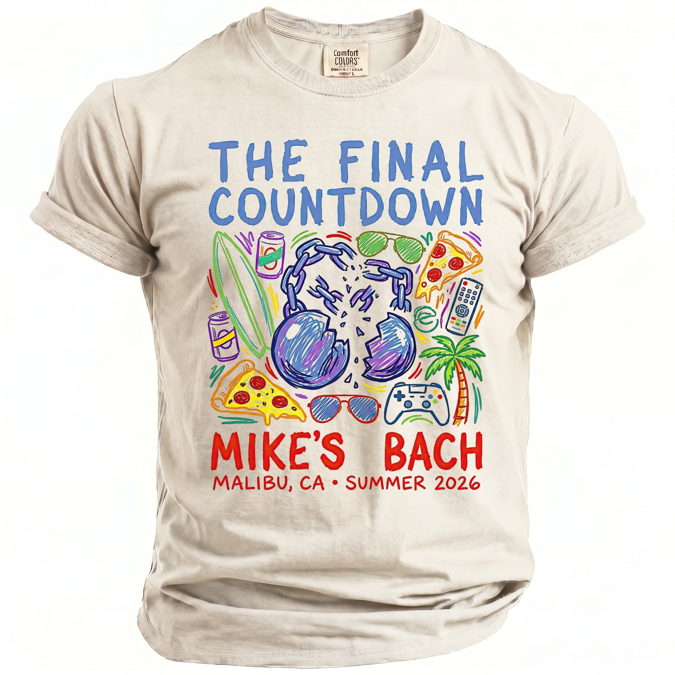 T-shirt with "The Final Countdown" and "Mike's Bach" graphics for Malibu, CA Summer 2026.