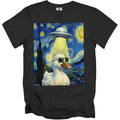 Black t-shirt with a white duck wearing sunglasses under a UFO in a Starry Night painting.