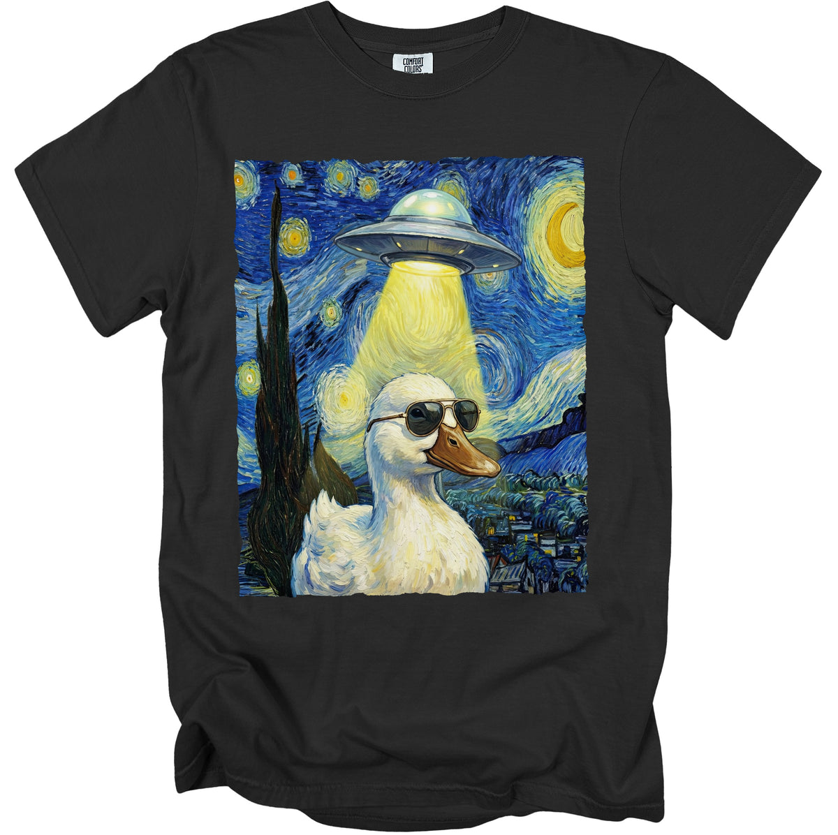 Black t-shirt with a white duck wearing sunglasses under a UFO in a Starry Night painting.
