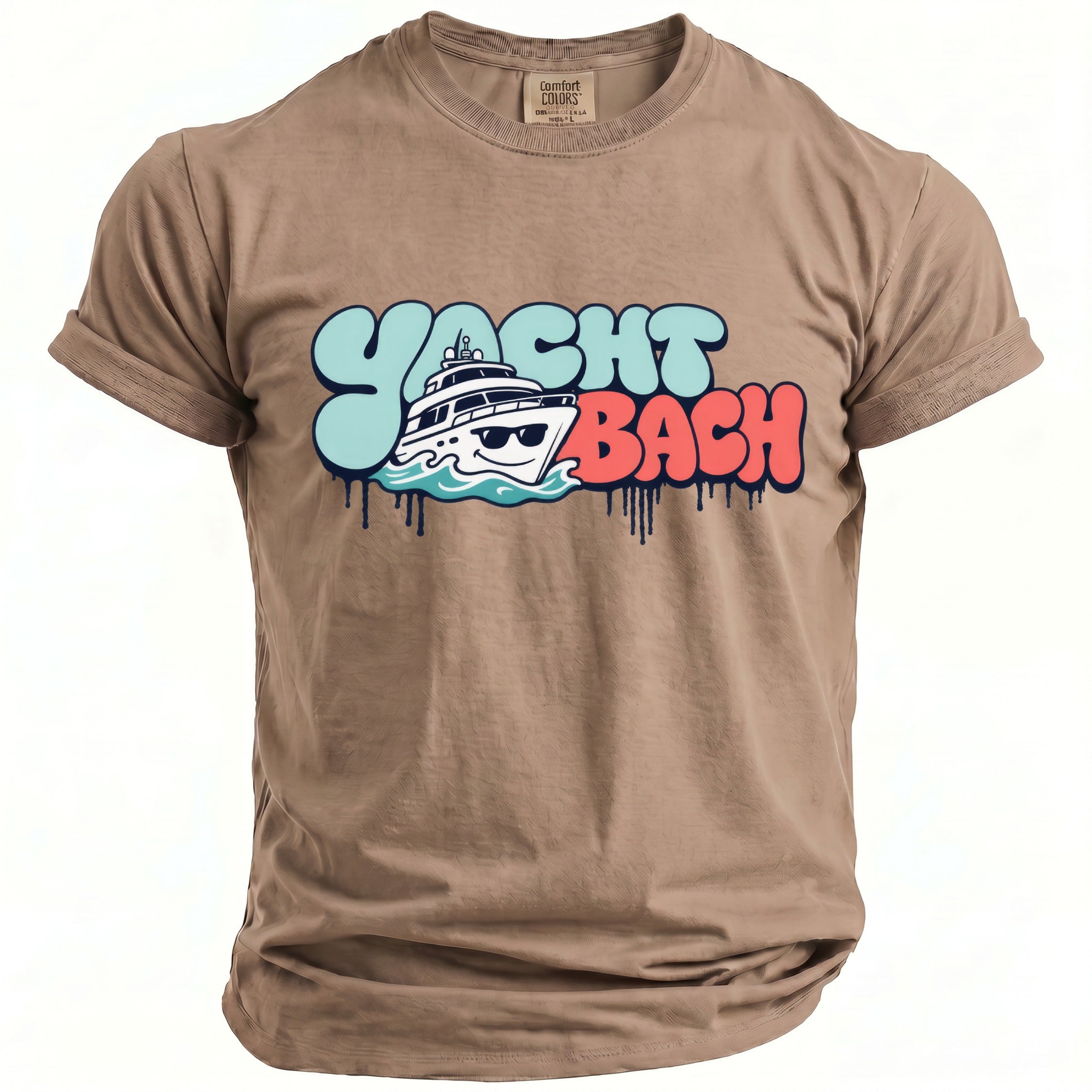 Brown t-shirt with "Yacht Bach" graphic featuring a yacht and drip details.