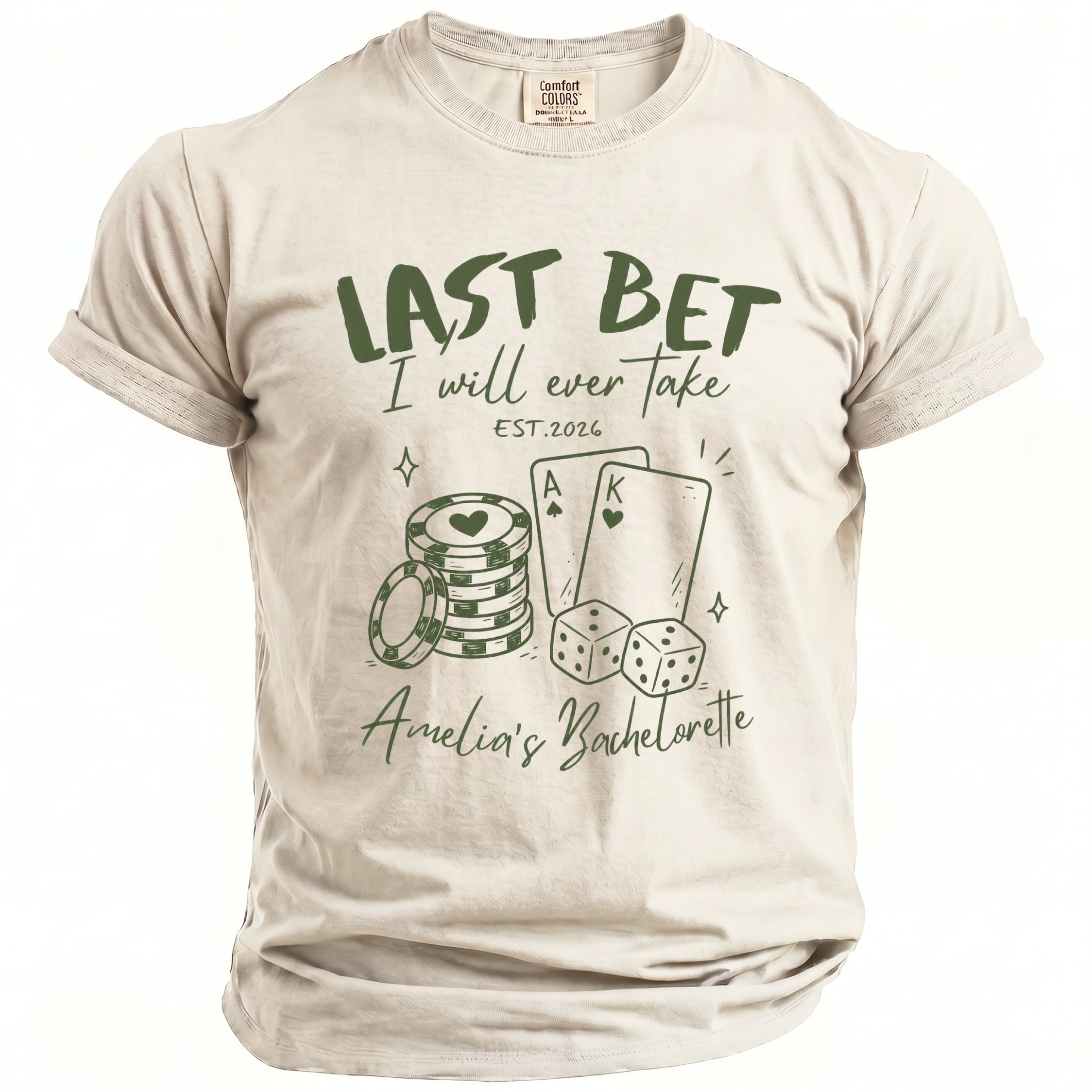 Light tan t-shirt with green text and graphics for Amelia's Bachelorette party.