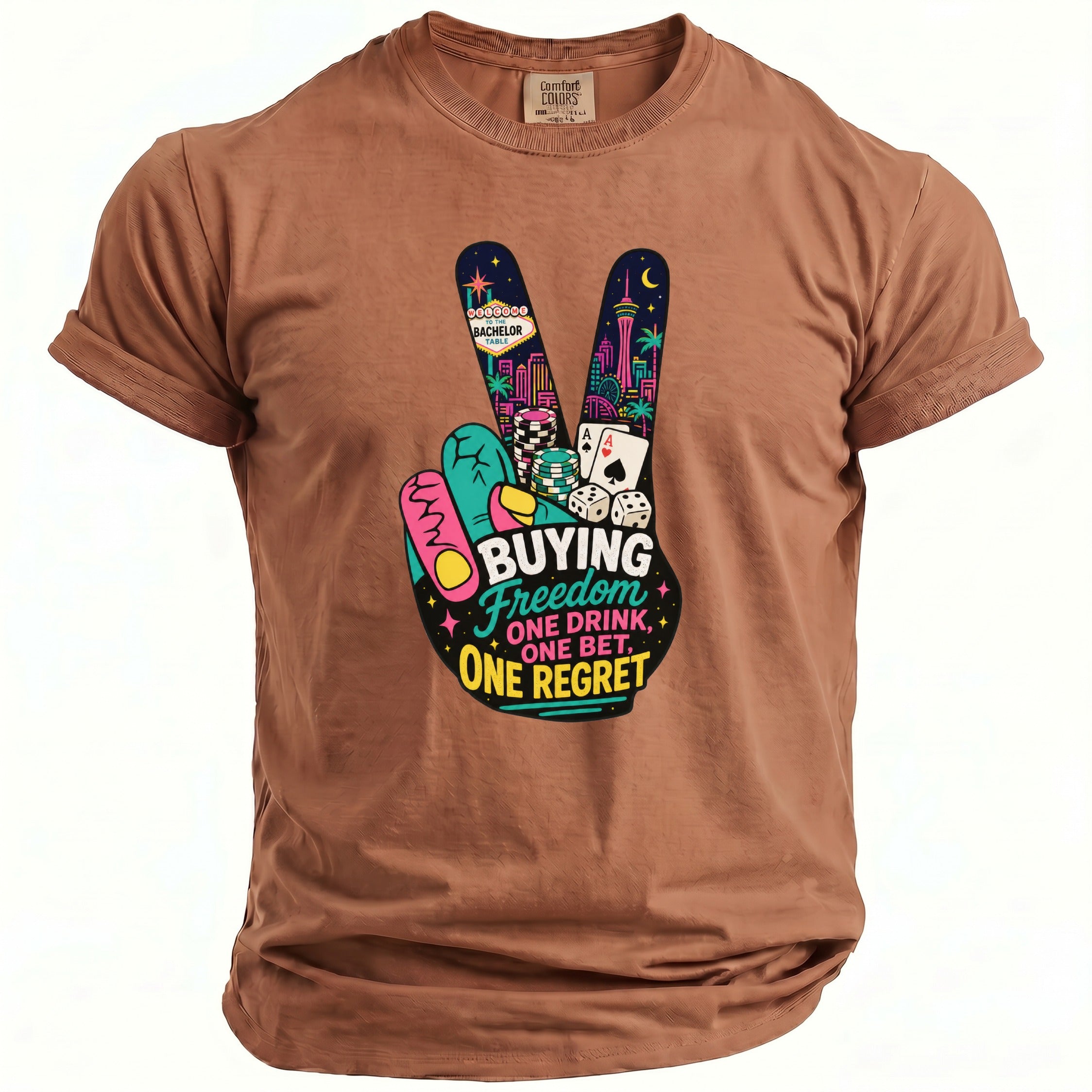 Brown t-shirt with a peace sign graphic featuring casino elements and text.