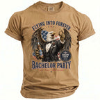 Tan shirt with eagle graphic and "Bachelor Party" text.