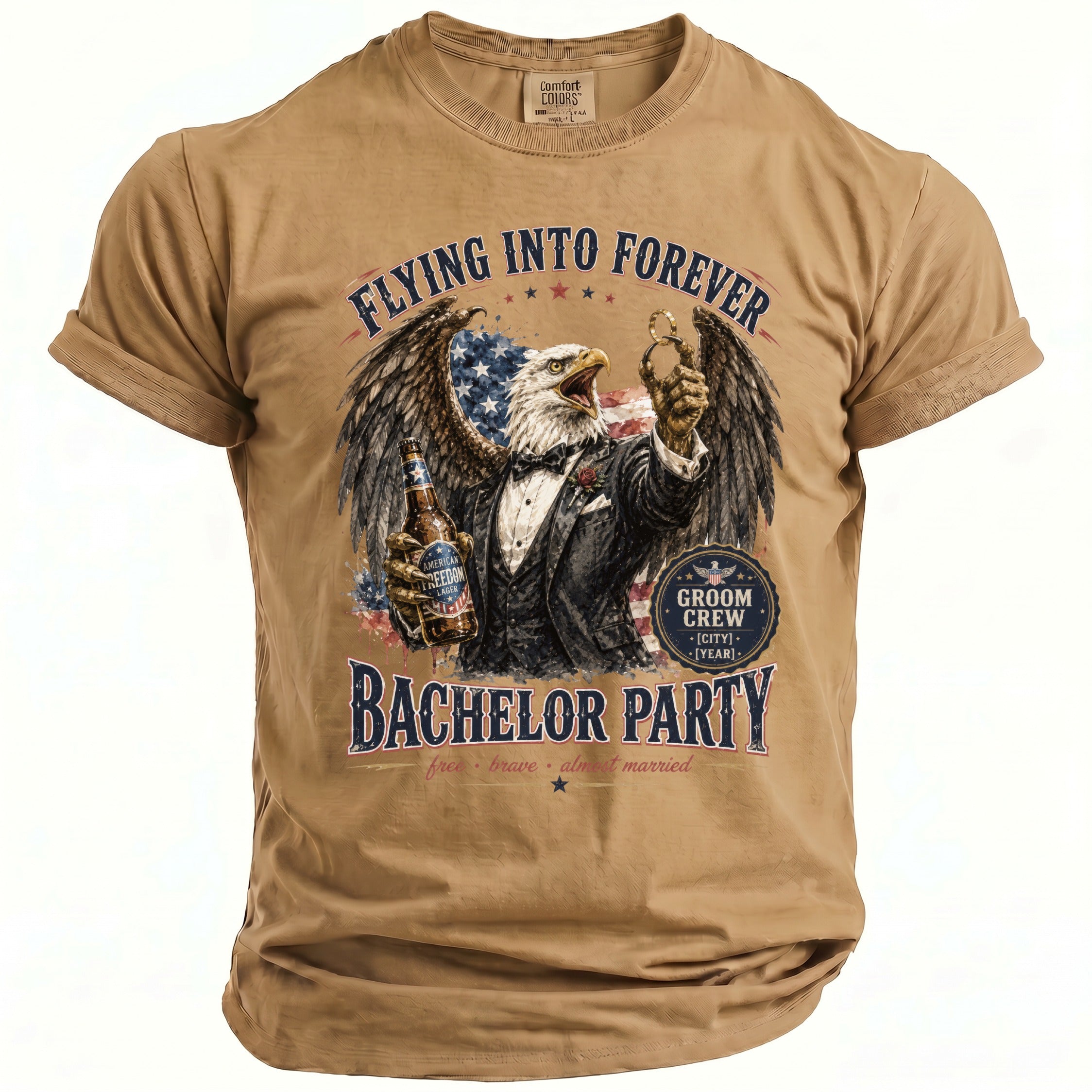 Tan shirt with eagle graphic and "Bachelor Party" text.