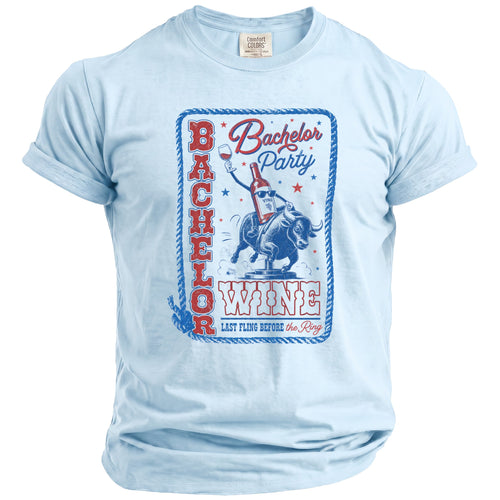 Light blue t-shirt with "Bachelor Party Wine Last Fling Before the Ring" text and graphic.