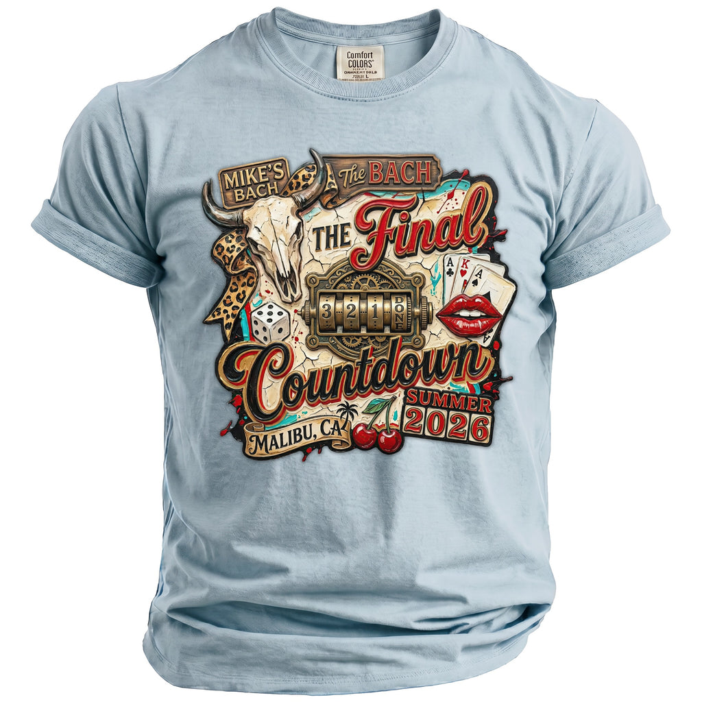 Light blue t-shirt with "The Bach Final Countdown Summer 2026 Malibu, CA" design.