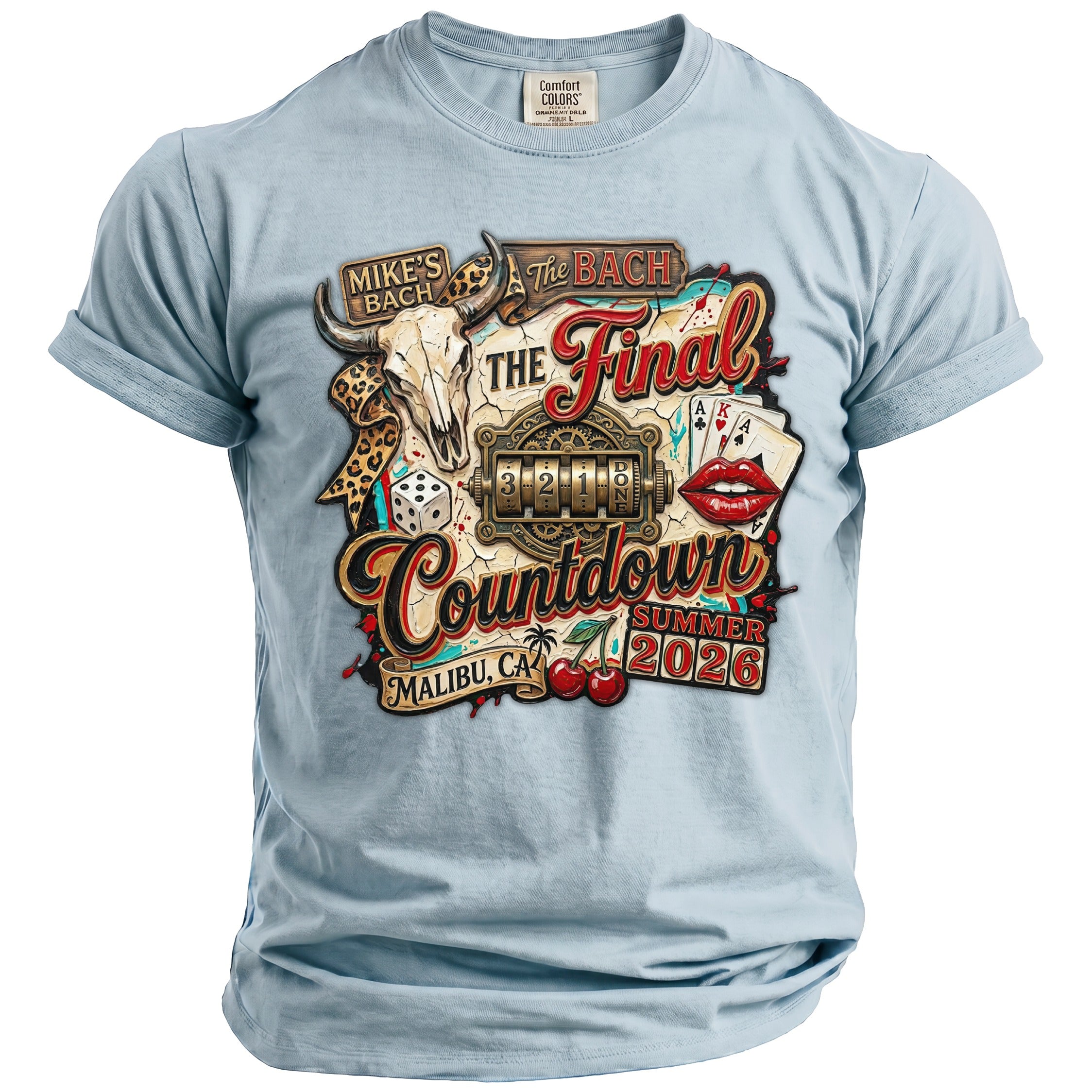 Light blue t-shirt with "The Bach Final Countdown Summer 2026 Malibu, CA" design.