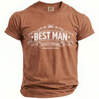 Brown t-shirt with "BEST MAN OFFICIALLY APPOINTED BACHELOR PARTY 2026" graphic.