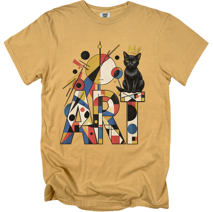 Yellow t-shirt with abstract art graphic and a black cat wearing a crown.