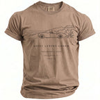 Tan t-shirt with line drawing of a convertible car and text: QUIET LUXURY GROOM, THEODORE'S BACH, THE HAMTONS, NY, SUMMER 2026.
