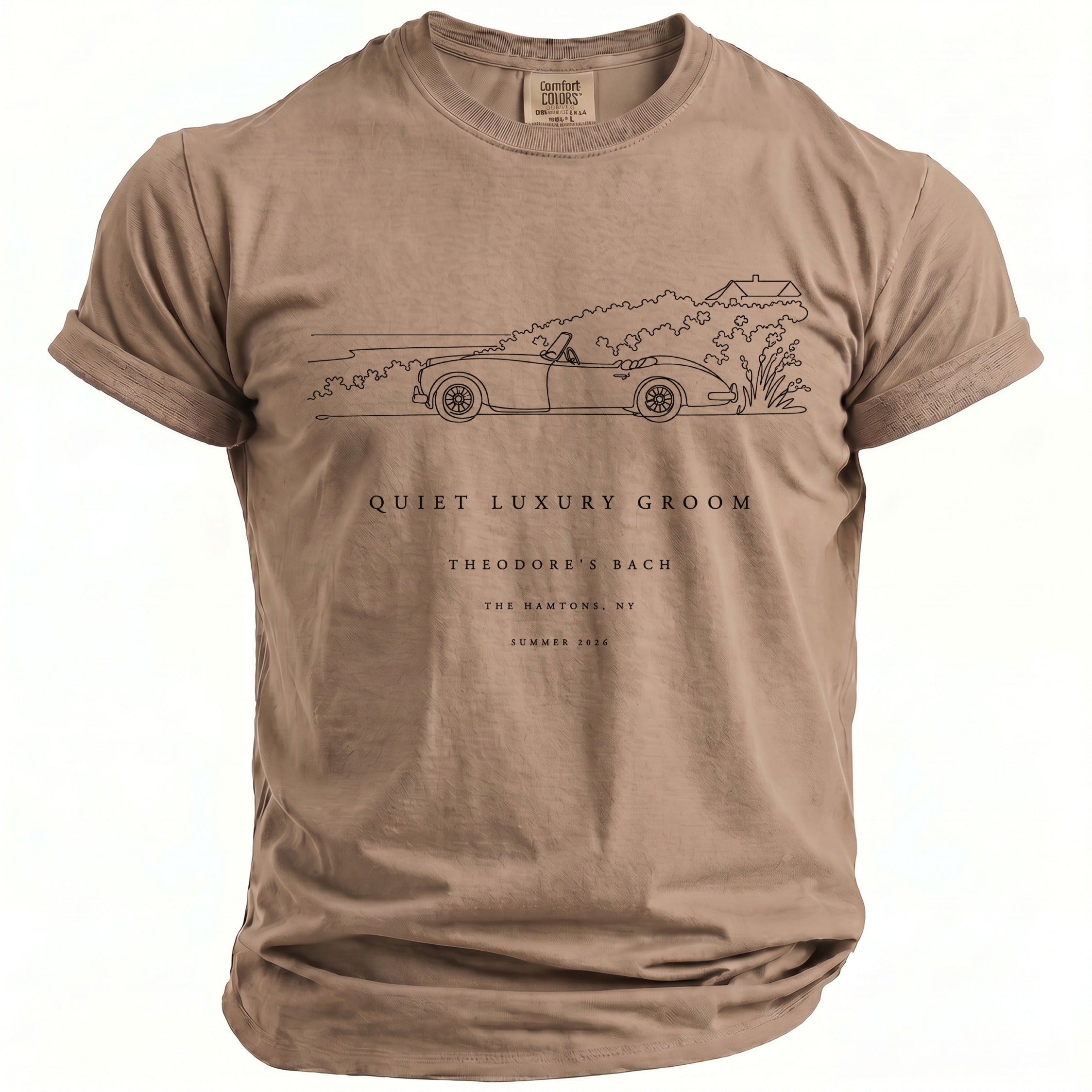 Tan t-shirt with line drawing of a convertible car and text: QUIET LUXURY GROOM, THEODORE'S BACH, THE HAMTONS, NY, SUMMER 2026.