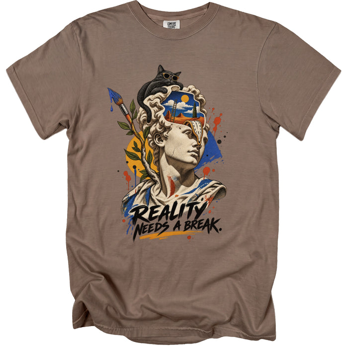 T-shirt graphic of a bust with a cat on its head and the text "REALITY NEEDS A BREAK."