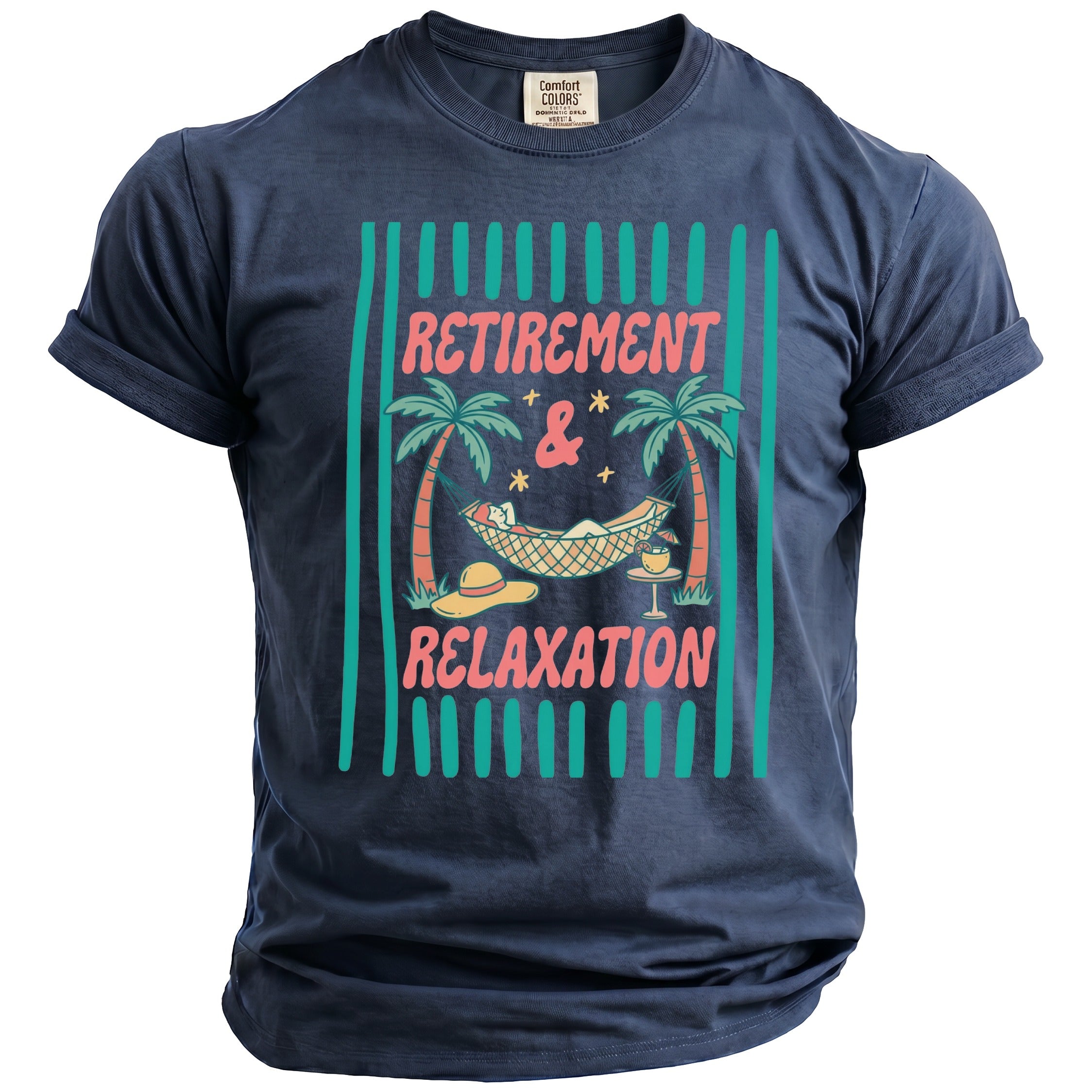 Dark blue t-shirt with "Retirement & Relaxation" graphic featuring a hammock scene.