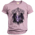 Purple t-shirt with gate opening to foggy city, figures, and text.