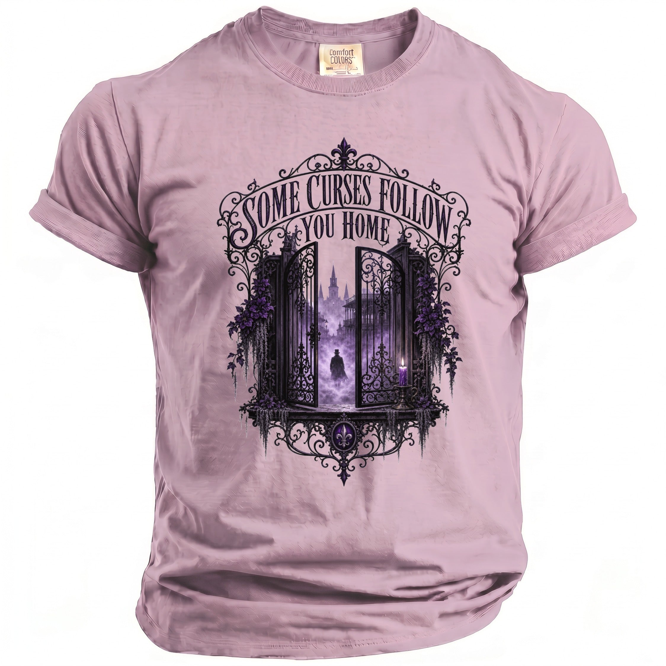 Purple t-shirt with gate opening to foggy city, figures, and text.
