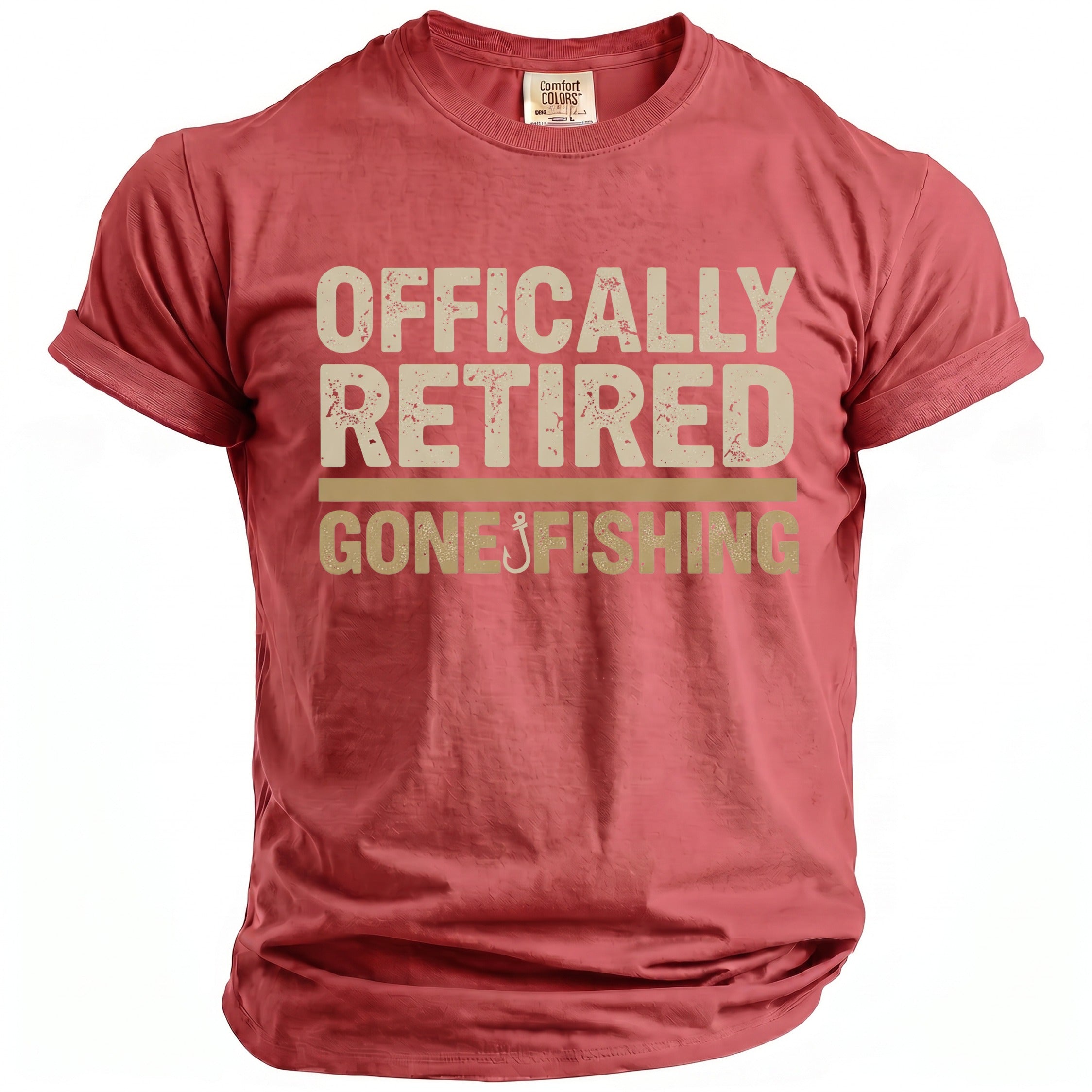 Red t-shirt with text "OFFICALLY RETIRED GONE FISHING" and a fishing hook.