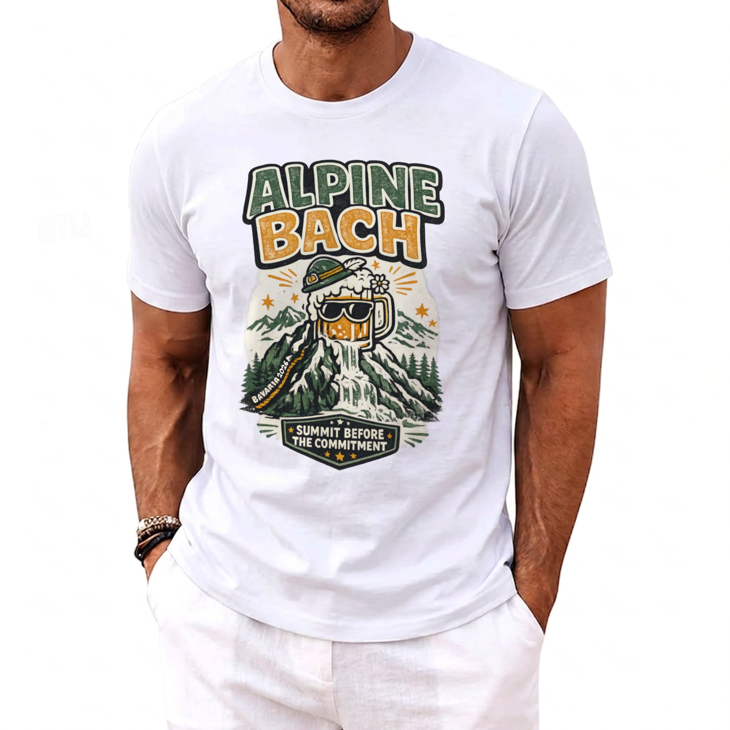 White t-shirt with "Alpine Bach" text and Oktoberfest beer mountain graphic.
