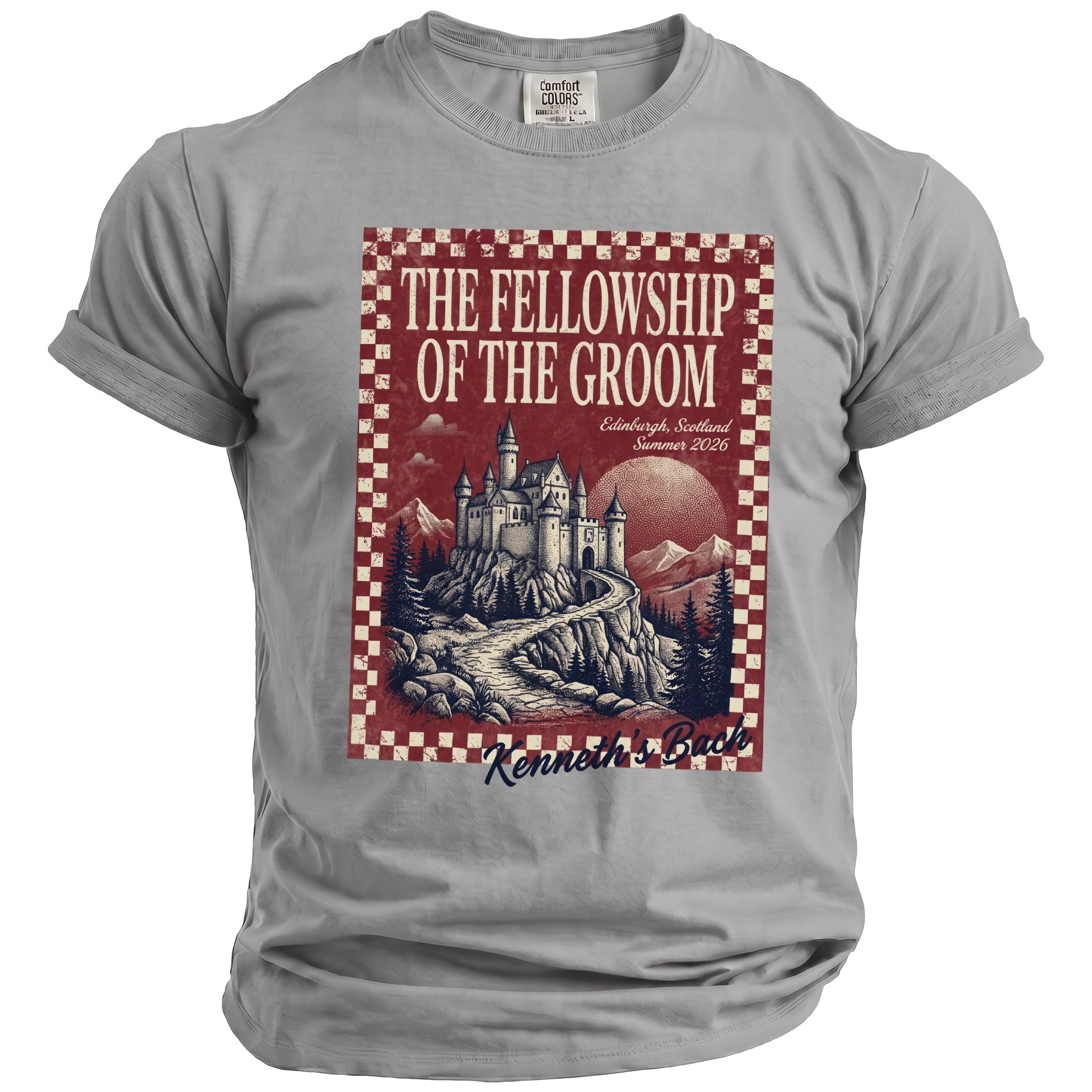 Gray t-shirt with "The Fellowship of the Groom" text and castle graphic.