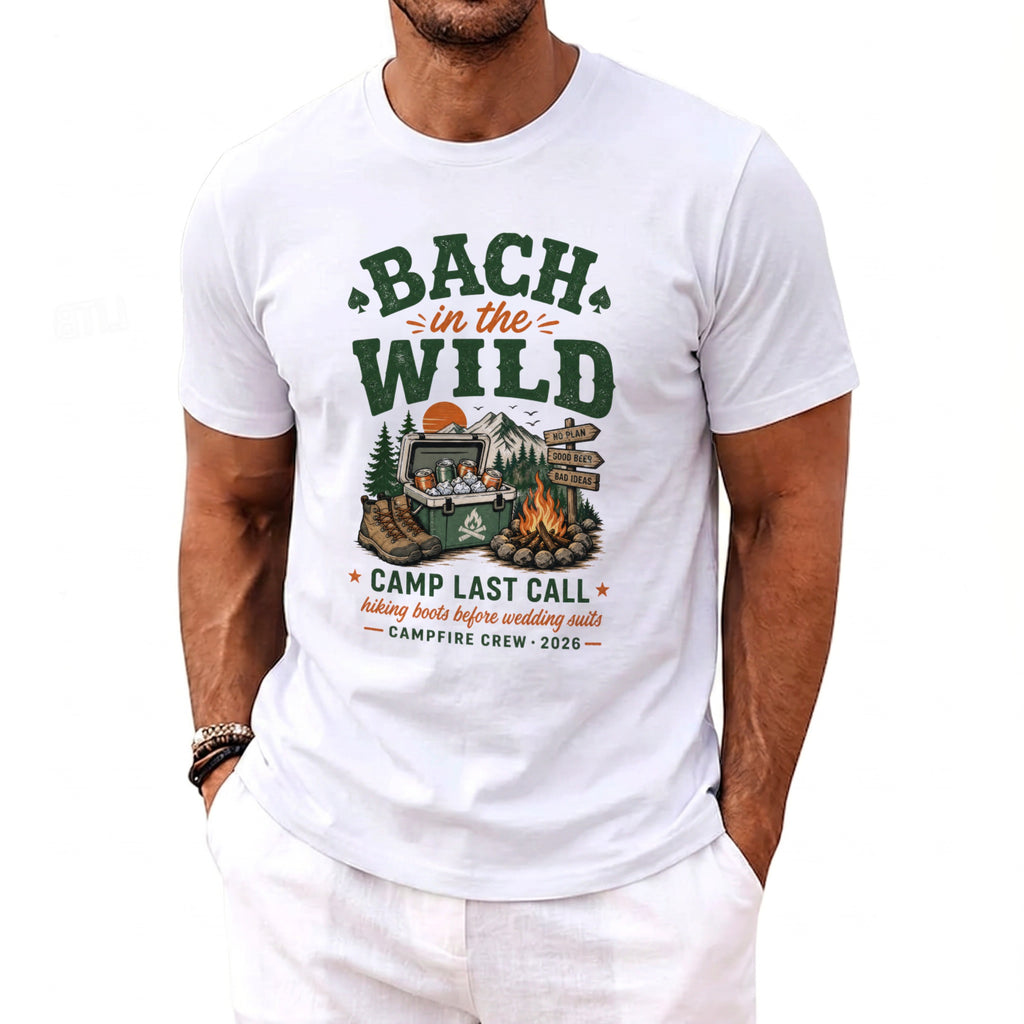 White t-shirt with "Bach in the Wild" graphic, campfire, and gear.