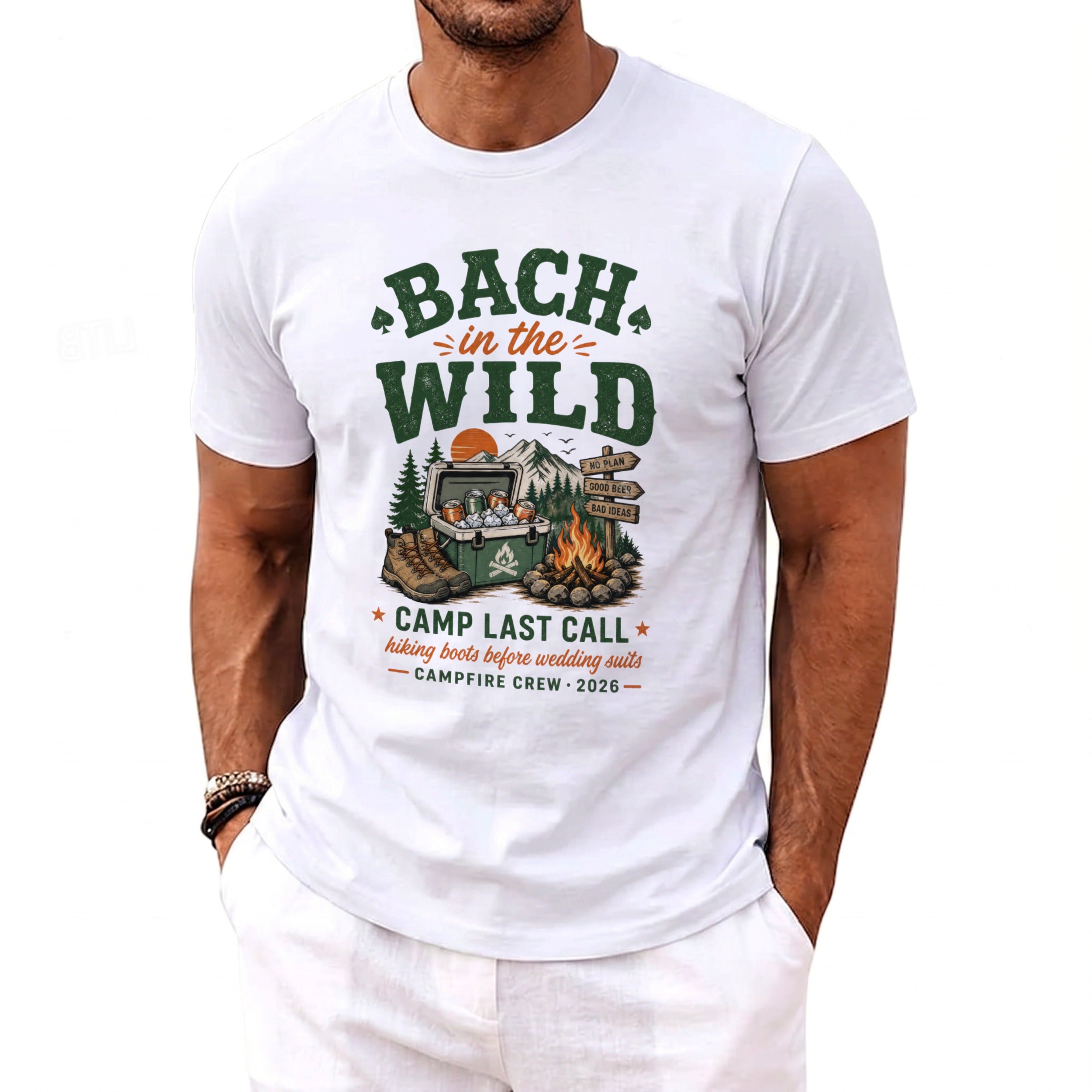White t-shirt with "Bach in the Wild" graphic, campfire, and gear.