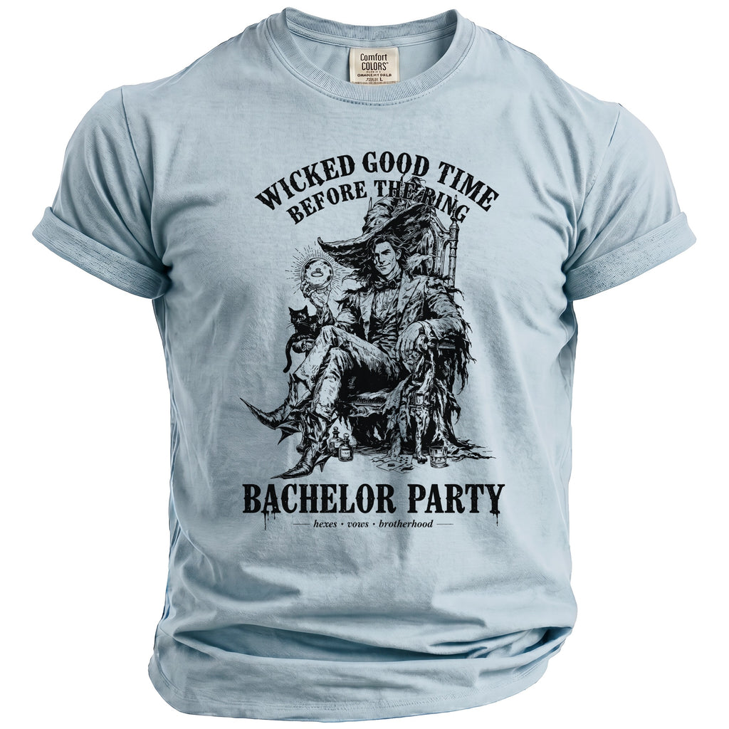 Light blue t-shirt with black graphic: "Wicked Good Time Before The Ring" and "Bachelor Party".