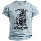 Light blue t-shirt with black graphic: "Wicked Good Time Before The Ring" and "Bachelor Party".