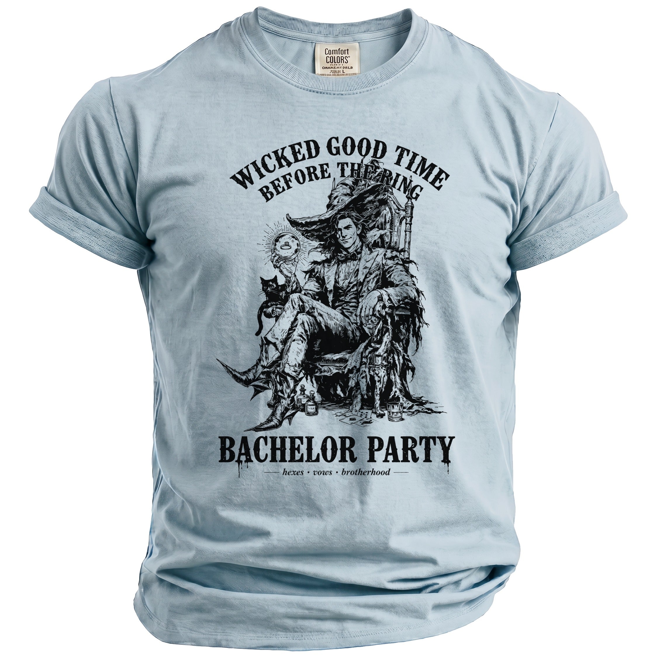 Light blue t-shirt with black graphic: "Wicked Good Time Before The Ring" and "Bachelor Party".