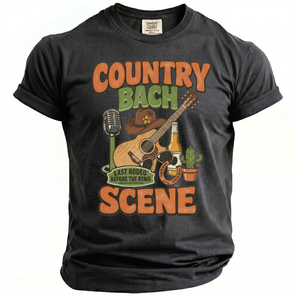 Country Bach Scene graphic with guitar, microphone, cowboy hat, beer, and cactus.
