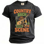 Country Bach Scene graphic with guitar, microphone, cowboy hat, beer, and cactus.
