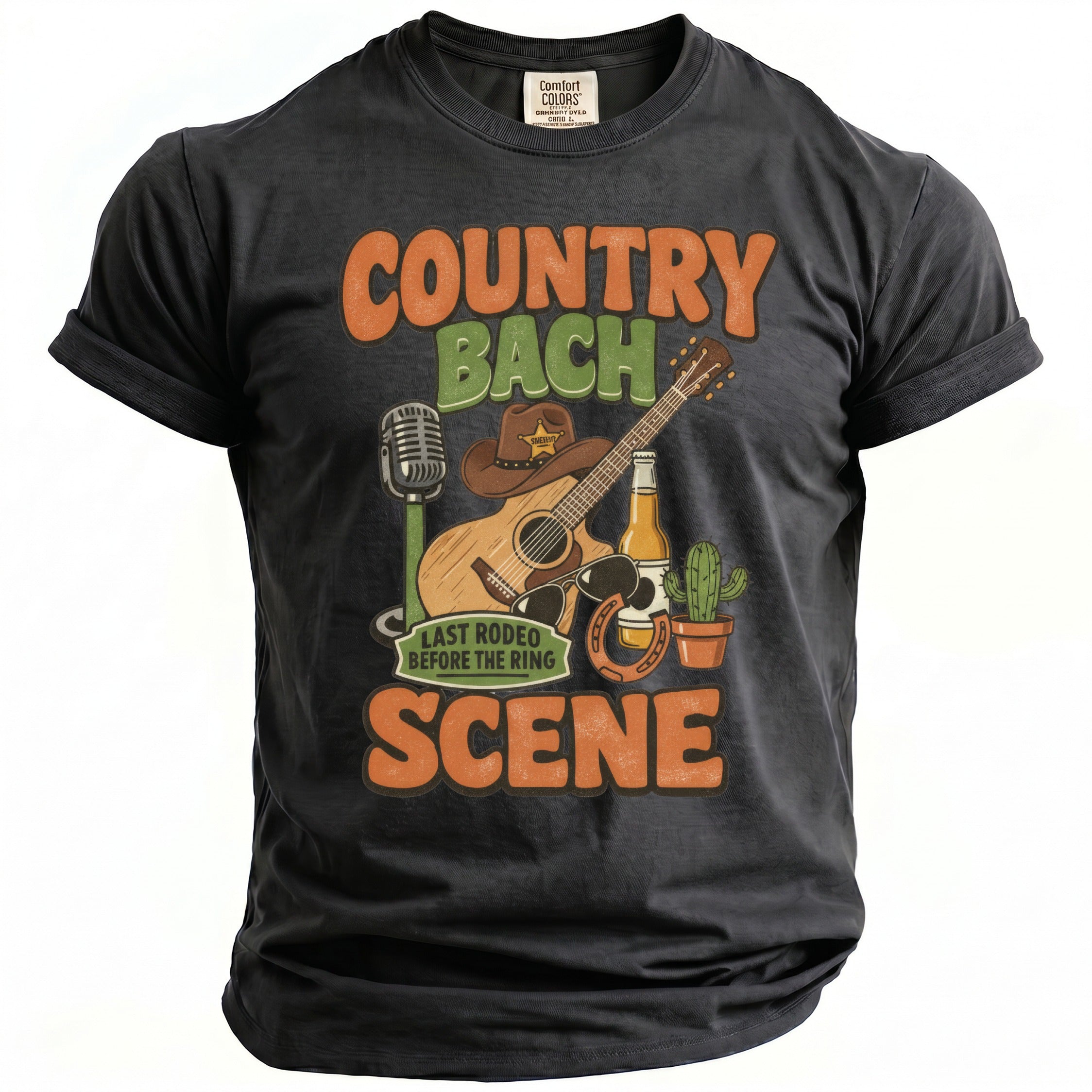Country Bach Scene graphic with guitar, microphone, cowboy hat, beer, and cactus.