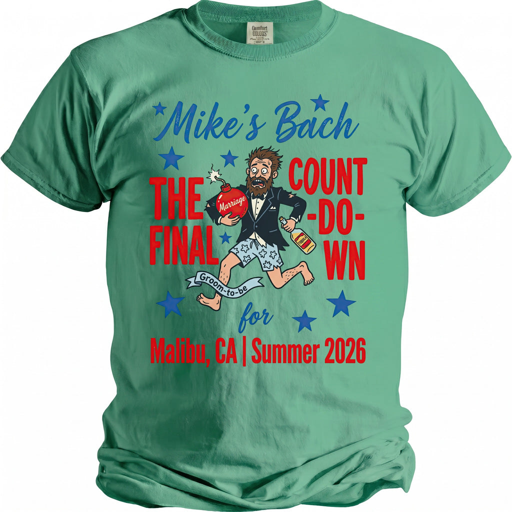 Green t-shirt with "Mike's Bach The Final Countdown" text and graphics.