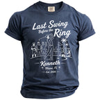 Navy t-shirt with "Last Swing Before the Ring, Kenneth, Miami, FL Est. 2026" graphic.