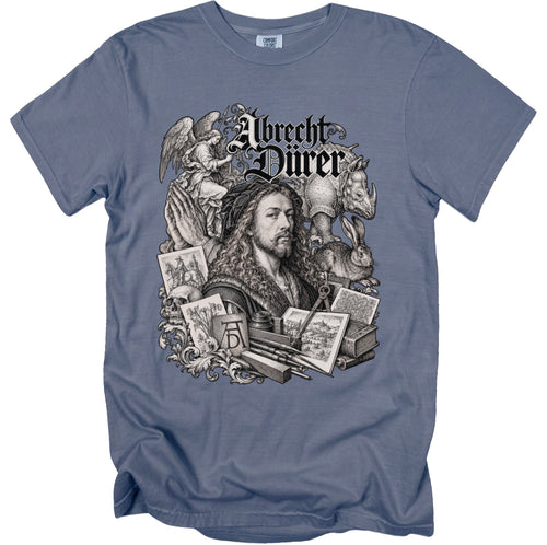 Albrecht Dürer portrait with angel, rhinoceros, rabbit, skull, and art supplies.