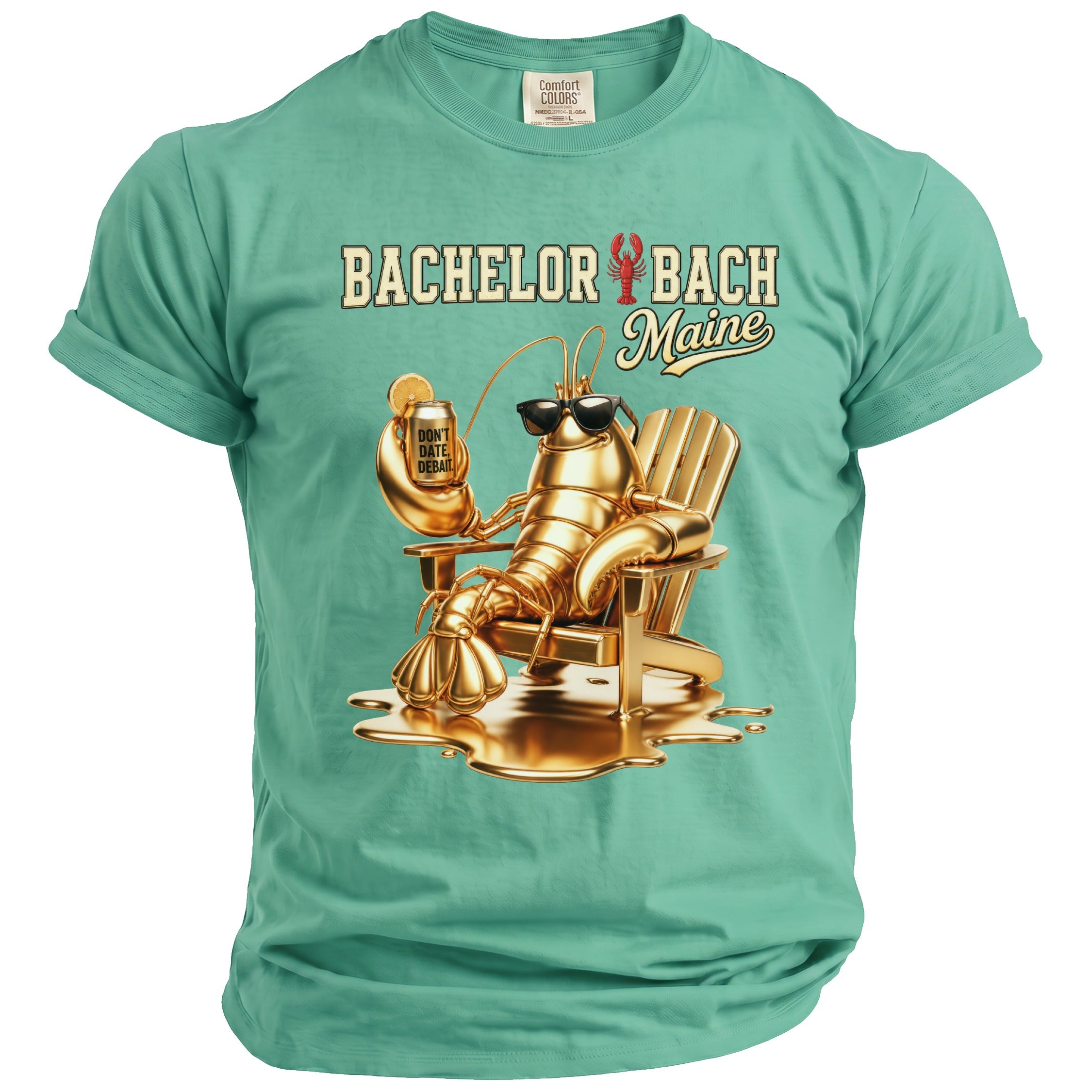 Turquoise t-shirt with "Bachelor Bach Maine" text and a golden lobster.